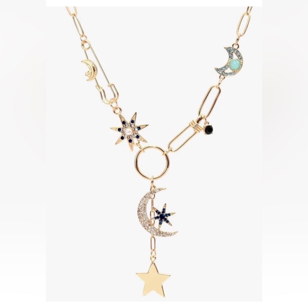Moon & Star Charm Necklace 18K Gold Plated Trendy Celestial Chunky Chain Jewelry
